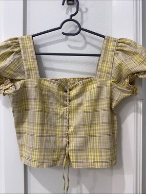 Petite Studio Yellow Plaid Lace-Up Square Crop Top